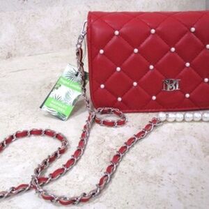 BADGLEY MISCHKA Blood Red Crossbody Diamond Quilted Pearl Studs 8x4 NEW